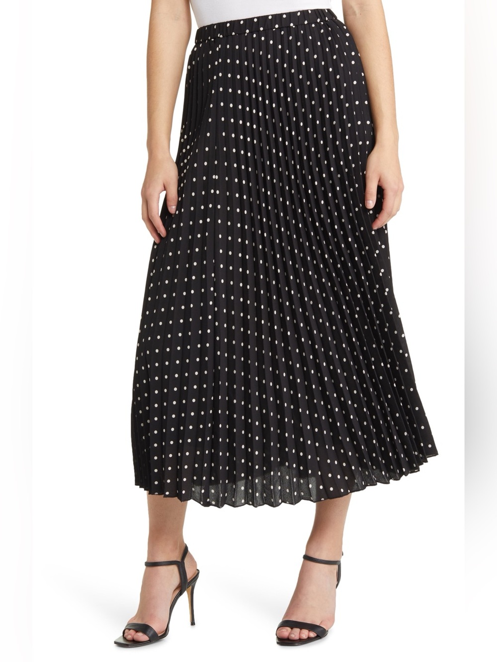Calvin Klein Black Polka Dot Pleated Midi Skirt
